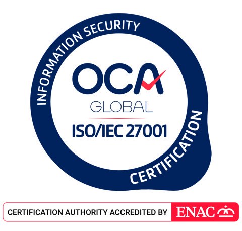 Zertifizierungszeichen von OCA Global für ISO/IEC 27001, von ENAC akkreditierte Zertifizierungsstelle