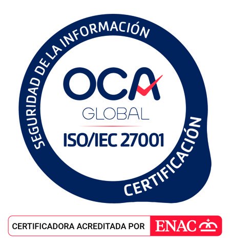 Marca de certificación de OCA Global para ISO/IEC 27001, certificadora acreditada por ENAC