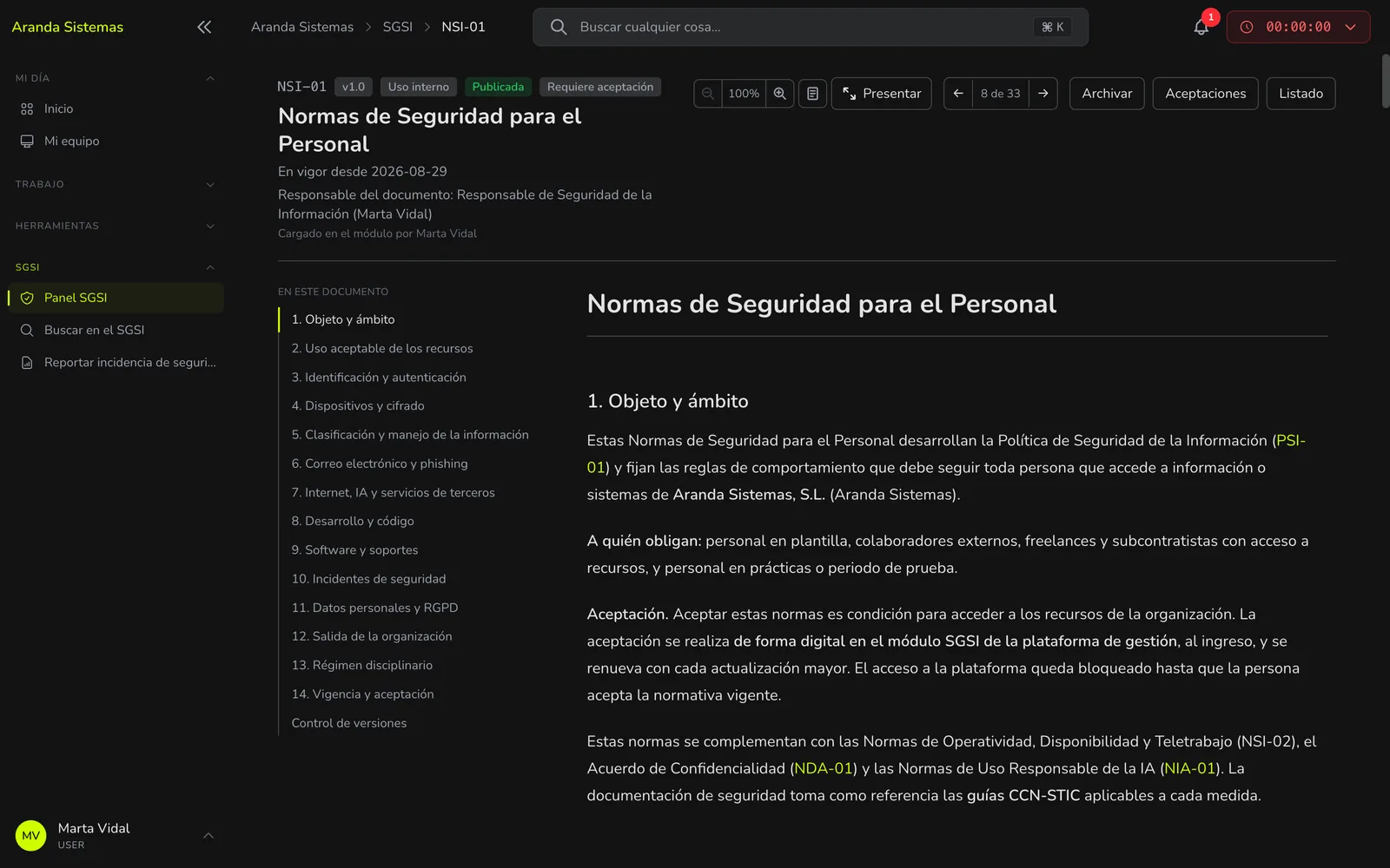 Documento de normativa de seguridad publicado en Nexo SGSI, con versión, aceptación requerida e índice de secciones