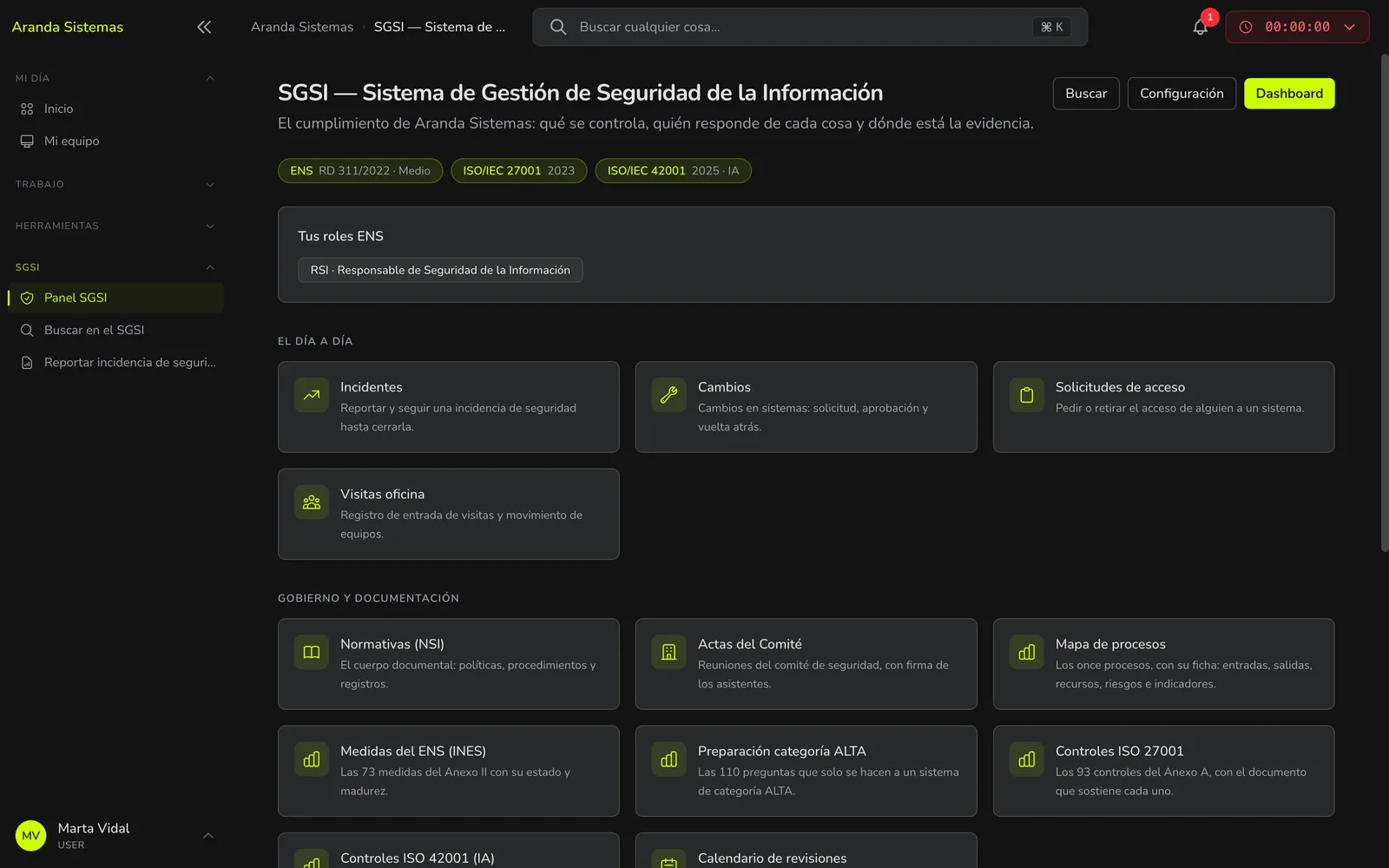 Portada del módulo SGSI con las tres normas activas y el mapa de submódulos