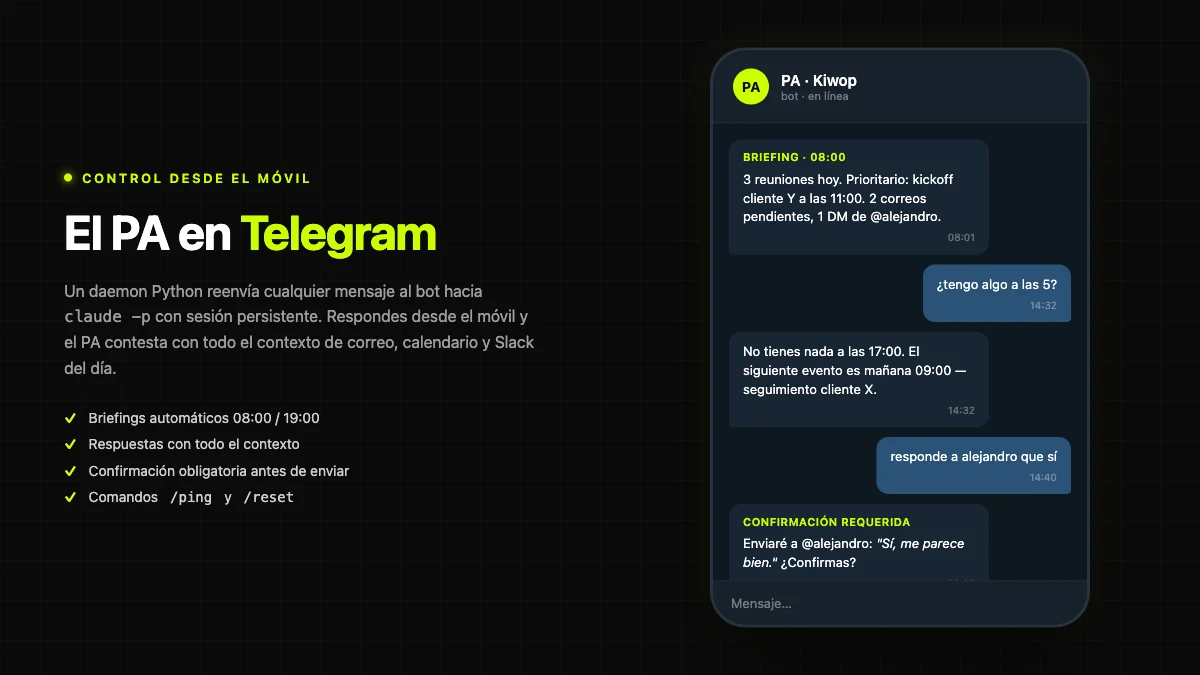 El PA en Telegram — bot Python que reenvía mensajes a claude -p con sesión persistente y confirmación antes de enviar